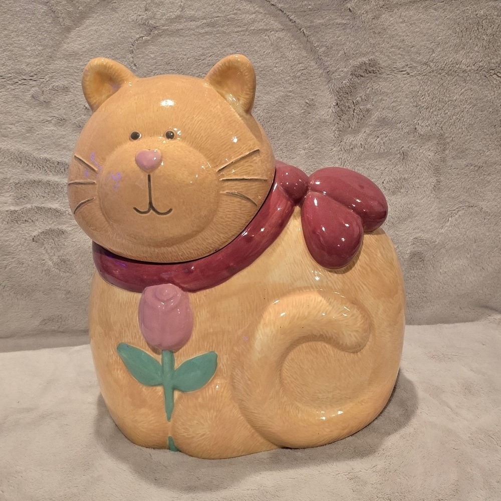 Vintage Treasure Craft Susan-Marie Cat Cookie Jar Ginger Tabby Rose Bow USA 12"